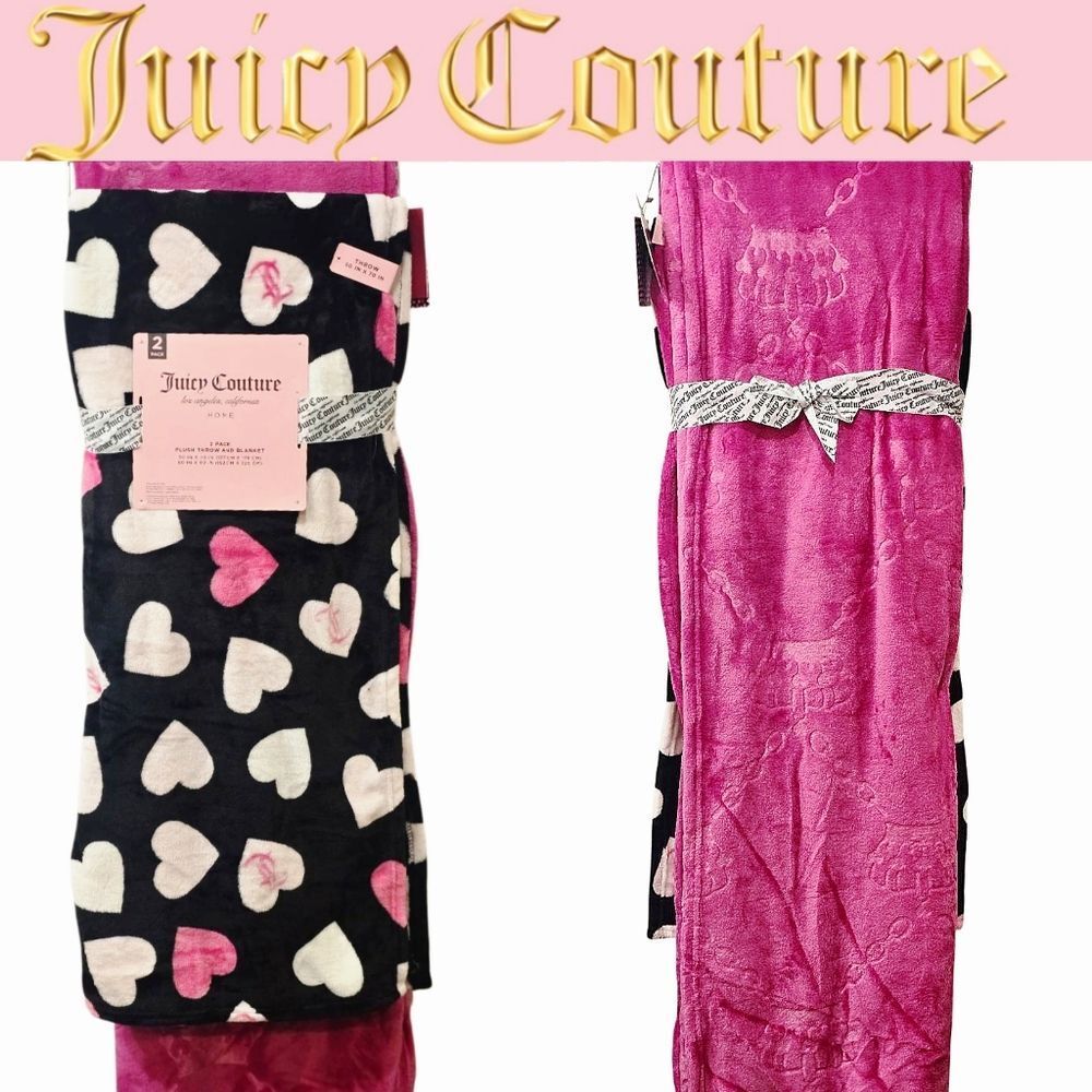 Juicy Couture Home Heart Print & Crown/Chains Embossed 2-PK Plush Throw Blankets